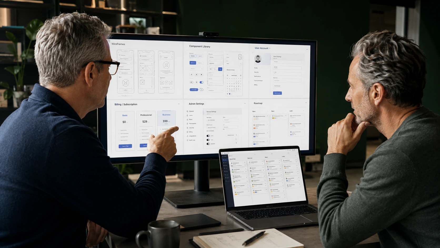 Senior professionals reviewing SaaS wireframes, subscriptions and administration workflows
