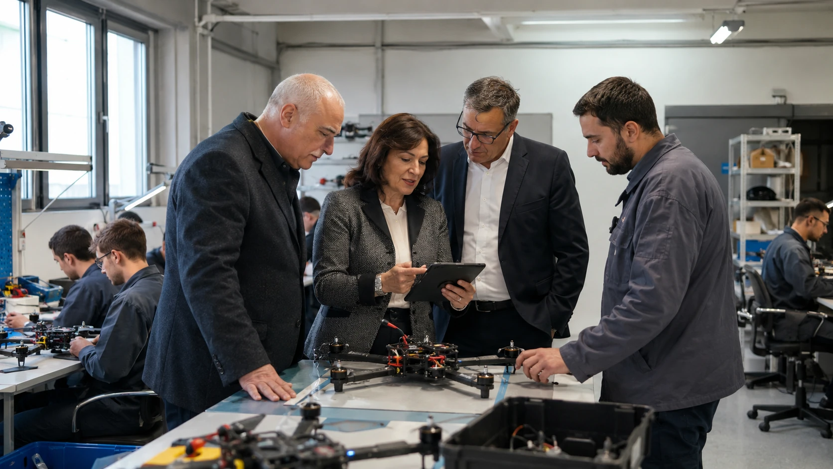 Senior industrial professionals reviewing a drone manufacturing project